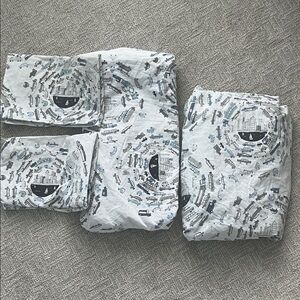 Pottery Barn Kids Full Size White and Blue Vehicle Print Bedding Set